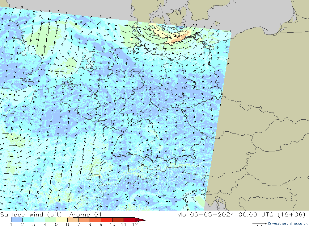 Surface wind (bft) Arome 01 Po 06.05.2024 00 UTC