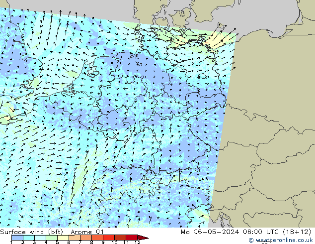 Surface wind (bft) Arome 01 Po 06.05.2024 06 UTC