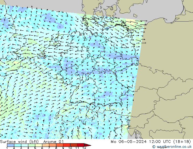 Wind 10 m (bft) Arome 01 ma 06.05.2024 12 UTC