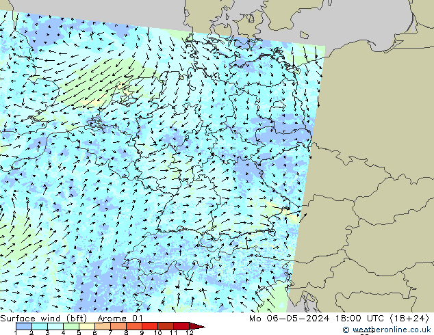 �N 10 米 (bft) Arome 01 星期一 06.05.2024 18 UTC