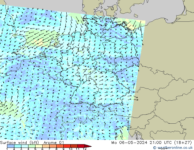 Viento 10 m (bft) Arome 01 lun 06.05.2024 21 UTC