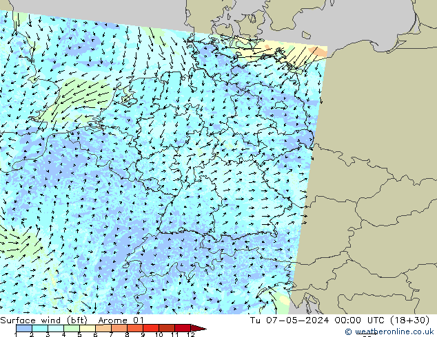 Surface wind (bft) Arome 01 Út 07.05.2024 00 UTC
