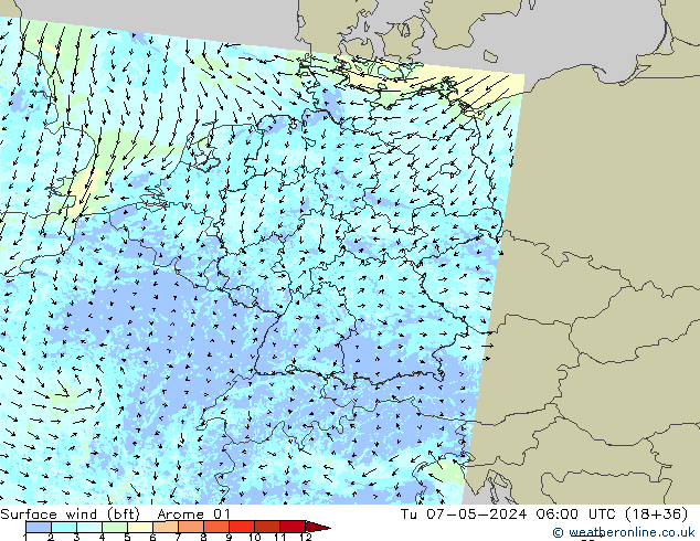 Surface wind (bft) Arome 01 Út 07.05.2024 06 UTC