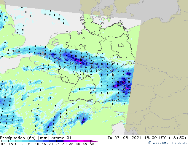 Totale neerslag (6h) Arome 01 di 07.05.2024 00 UTC