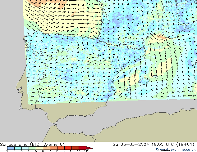 Surface wind (bft) Arome 01 Su 05.05.2024 19 UTC