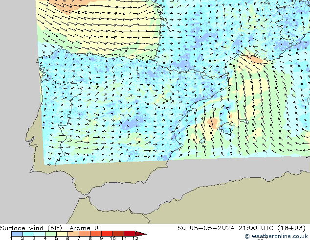 Surface wind (bft) Arome 01 Ne 05.05.2024 21 UTC