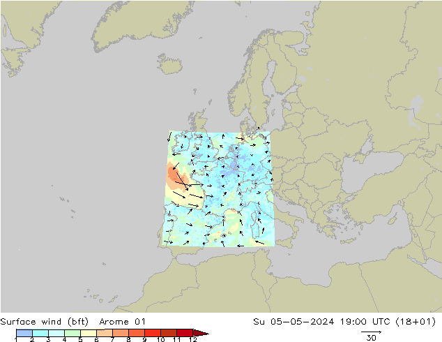 Wind 10 m (bft) Arome 01 zo 05.05.2024 19 UTC