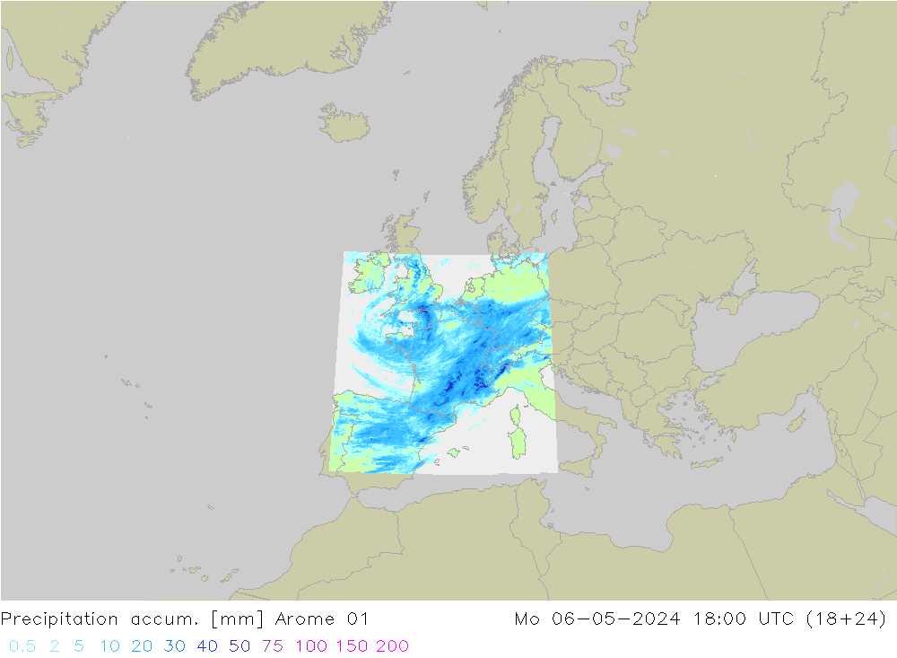 Precipitation accum. Arome 01 Seg 06.05.2024 18 UTC