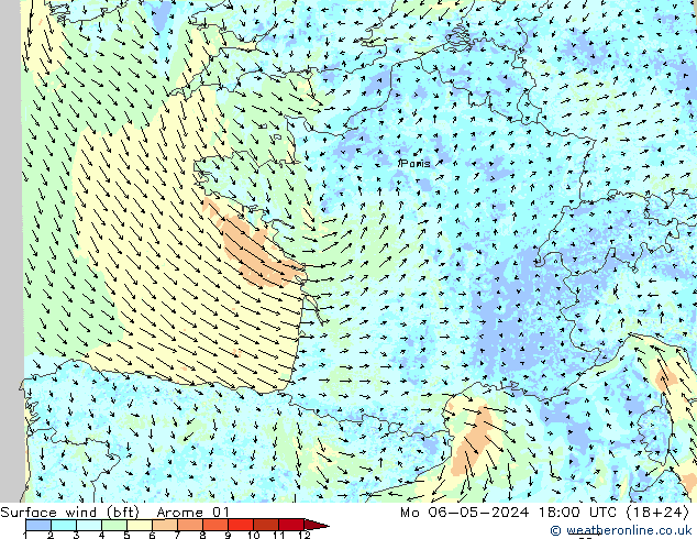 Surface wind (bft) Arome 01 Po 06.05.2024 18 UTC