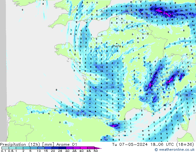 Yağış (12h) Arome 01 Sa 07.05.2024 06 UTC