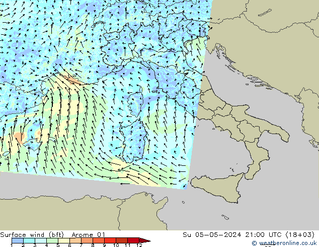 Viento 10 m (bft) Arome 01 dom 05.05.2024 21 UTC