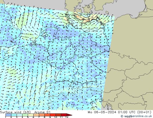 wiatr 10 m (bft) Arome 01 pon. 06.05.2024 01 UTC