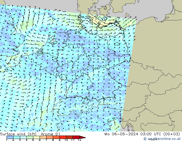 Wind 10 m (bft) Arome 01 ma 06.05.2024 03 UTC