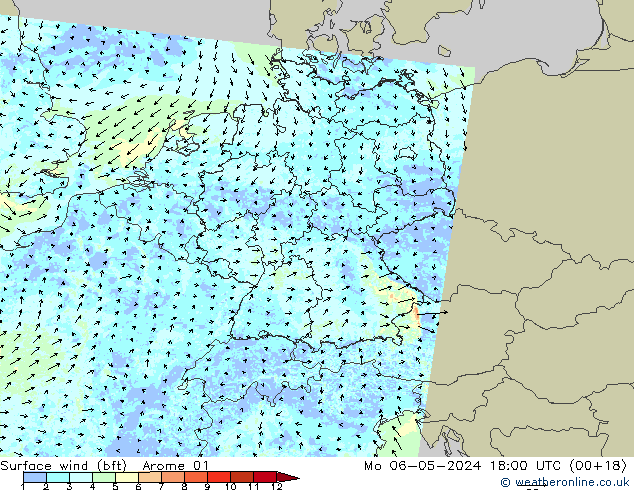 Surface wind (bft) Arome 01 Po 06.05.2024 18 UTC