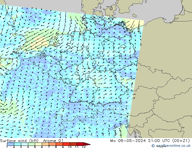 Rüzgar 10 m (bft) Arome 01 Pzt 06.05.2024 21 UTC