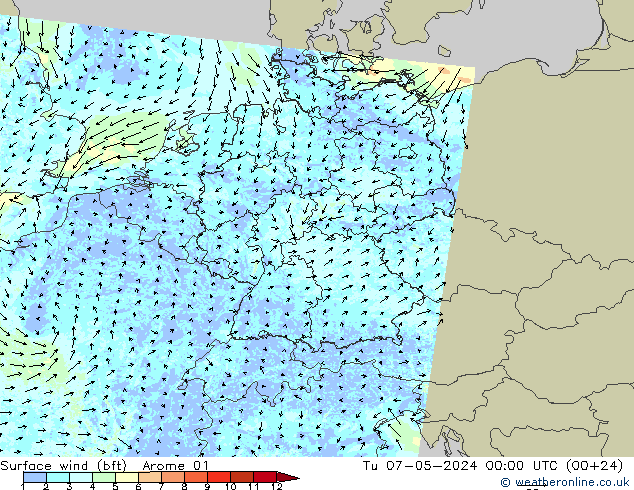 Surface wind (bft) Arome 01 Út 07.05.2024 00 UTC