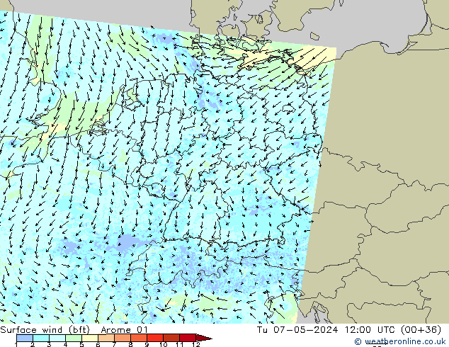Rüzgar 10 m (bft) Arome 01 Sa 07.05.2024 12 UTC