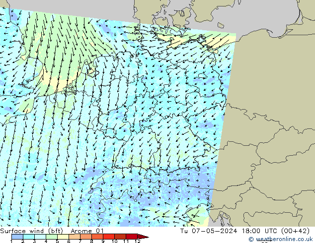 Rüzgar 10 m (bft) Arome 01 Sa 07.05.2024 18 UTC
