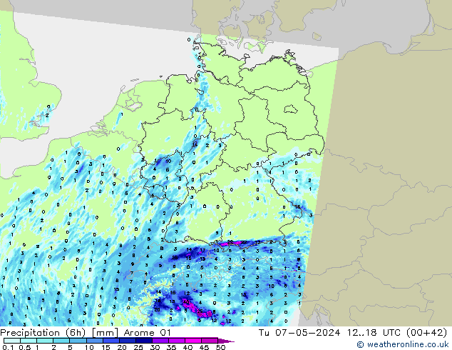 Precipitation (6h) Arome 01 Tu 07.05.2024 18 UTC