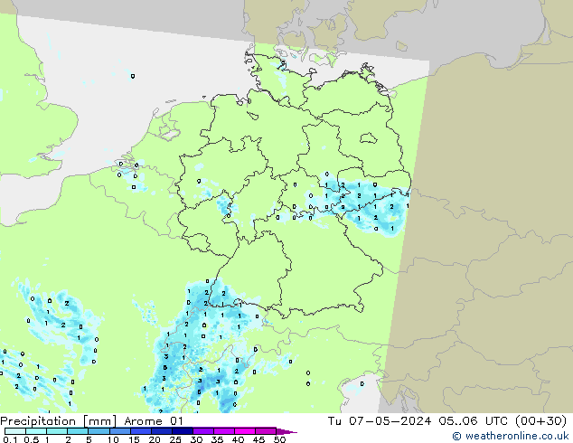 Neerslag Arome 01 di 07.05.2024 06 UTC