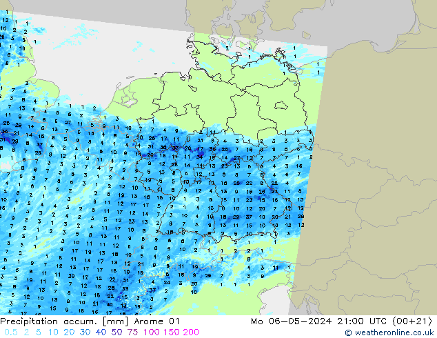 Precipitation accum. Arome 01 Seg 06.05.2024 21 UTC