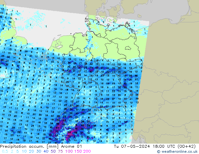 Precipitation accum. Arome 01 Út 07.05.2024 18 UTC