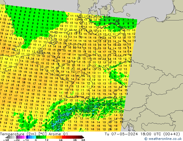 Temperatuurkaart (2m) Arome 01 di 07.05.2024 18 UTC