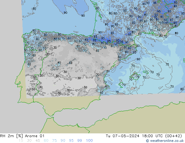 RH 2m Arome 01 Di 07.05.2024 18 UTC