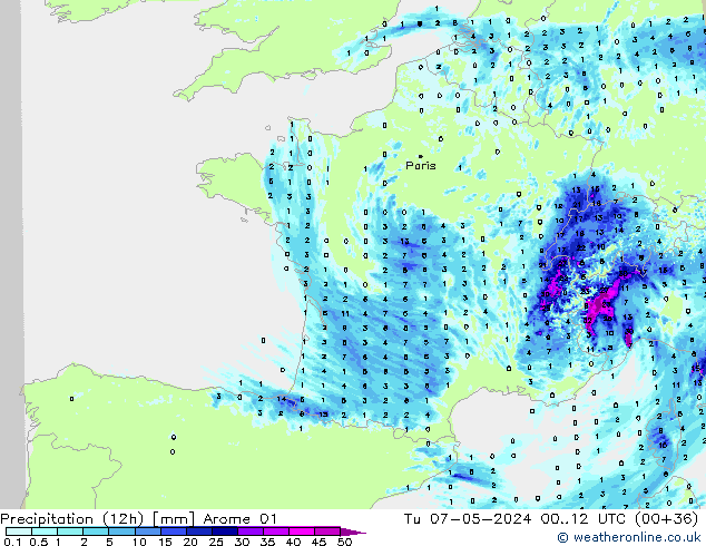 Precipitation (12h) Arome 01 Tu 07.05.2024 12 UTC