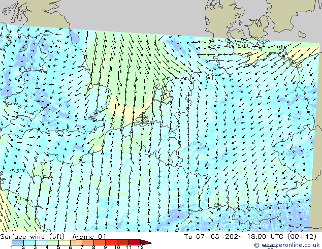 Surface wind (bft) Arome 01 Tu 07.05.2024 18 UTC