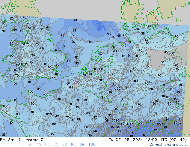 RH 2m Arome 01 wto. 07.05.2024 18 UTC