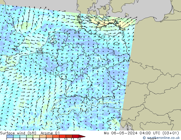 Rüzgar 10 m (bft) Arome 01 Pzt 06.05.2024 04 UTC