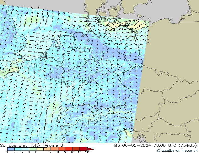 �N 10 米 (bft) Arome 01 星期一 06.05.2024 06 UTC