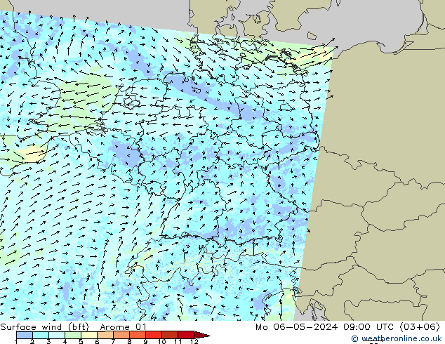 wiatr 10 m (bft) Arome 01 pon. 06.05.2024 09 UTC