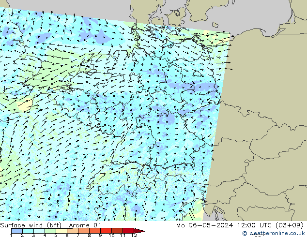 wiatr 10 m (bft) Arome 01 pon. 06.05.2024 12 UTC