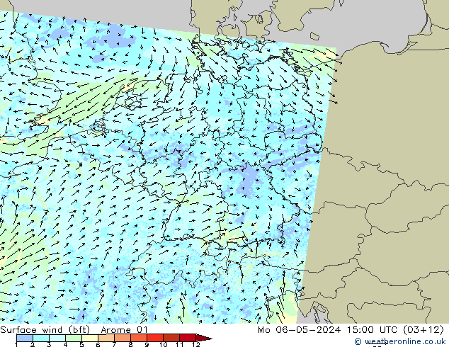 Surface wind (bft) Arome 01 Po 06.05.2024 15 UTC