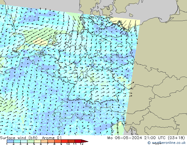 Viento 10 m (bft) Arome 01 lun 06.05.2024 21 UTC