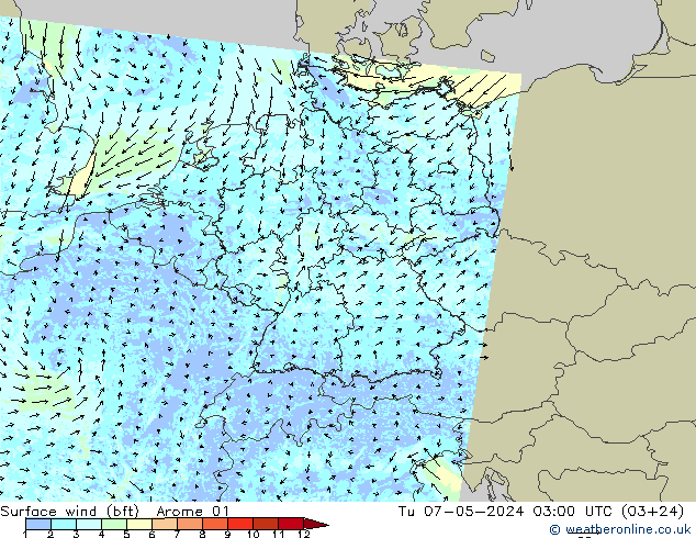 Surface wind (bft) Arome 01 Út 07.05.2024 03 UTC