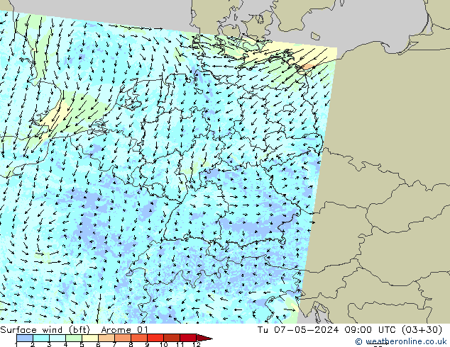 wiatr 10 m (bft) Arome 01 wto. 07.05.2024 09 UTC