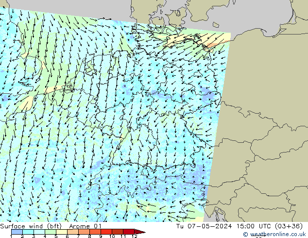 Surface wind (bft) Arome 01 Út 07.05.2024 15 UTC