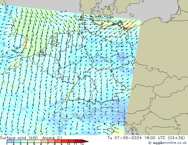 wiatr 10 m (bft) Arome 01 wto. 07.05.2024 18 UTC