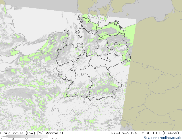 Cloud cover (low) Arome 01 Tu 07.05.2024 15 UTC