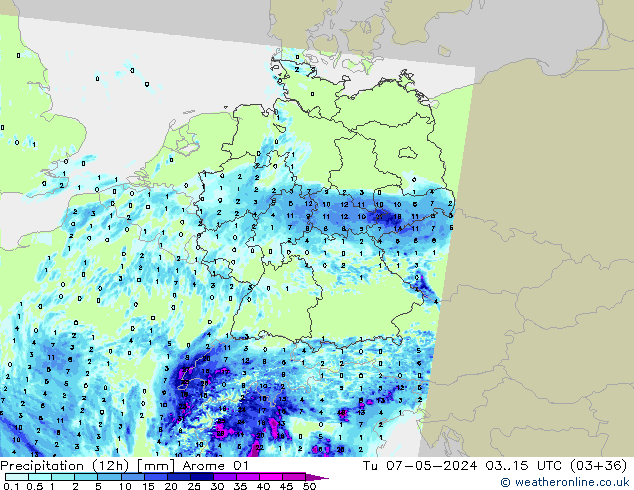 Totale neerslag (12h) Arome 01 di 07.05.2024 15 UTC