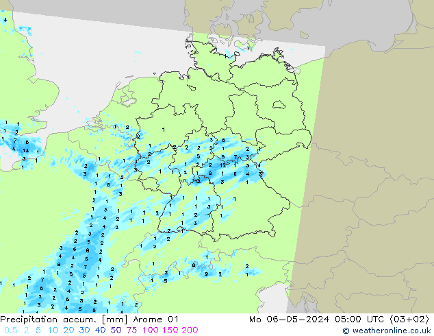 Totale neerslag Arome 01 ma 06.05.2024 05 UTC