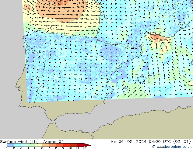 Surface wind (bft) Arome 01 Mo 06.05.2024 04 UTC