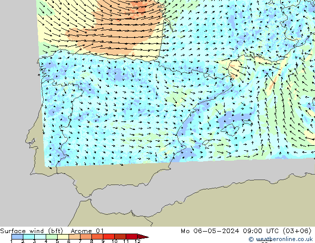  10 m (bft) Arome 01  06.05.2024 09 UTC
