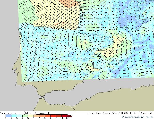 Viento 10 m (bft) Arome 01 lun 06.05.2024 18 UTC