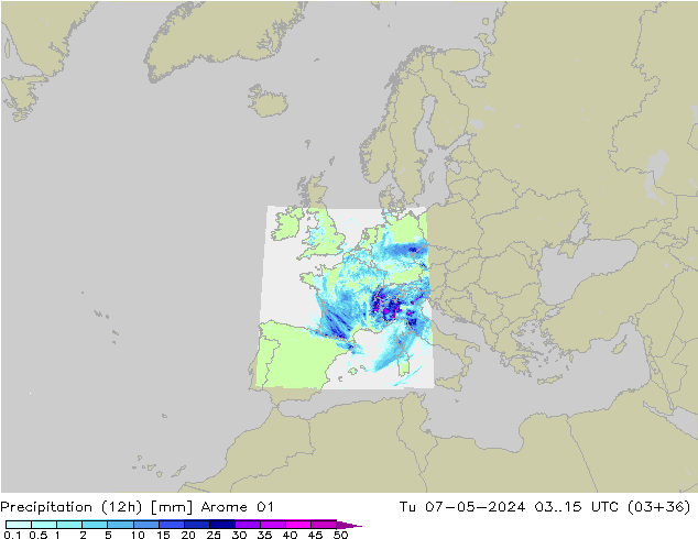 Precipitação (12h) Arome 01 Ter 07.05.2024 15 UTC
