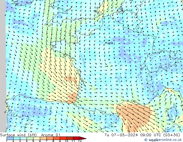 Surface wind (bft) Arome 01 Tu 07.05.2024 09 UTC
