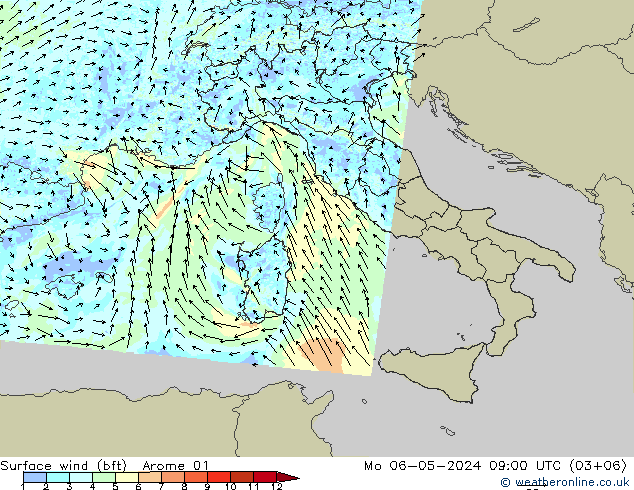 Vento 10 m (bft) Arome 01 Seg 06.05.2024 09 UTC